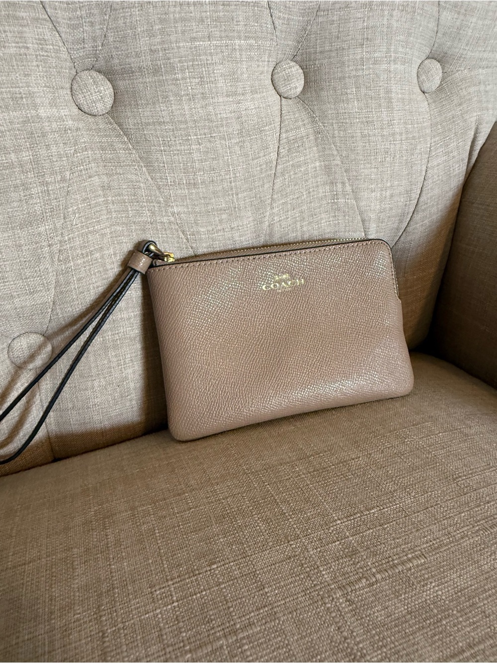 Coach Pebbled Leather Wristlet in Taupe Brown with Black Strap